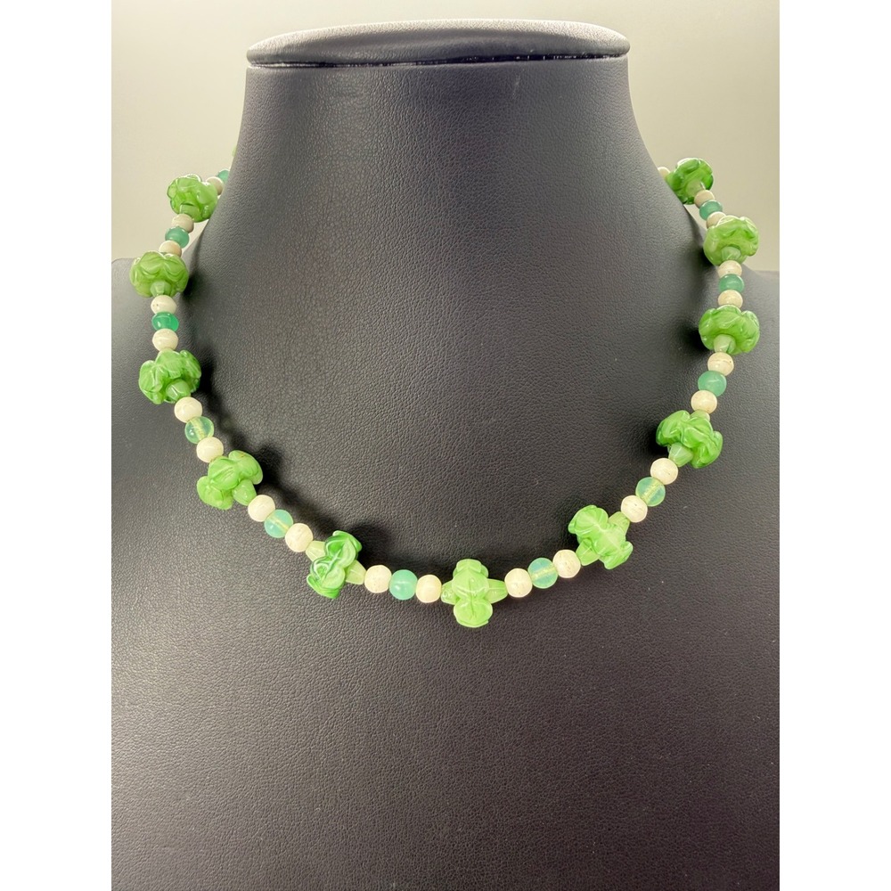 VintageGreen Floral Beaded Necklace Carved Flower Beads White Barrel Clasp